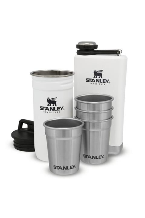 ست لیوان خاکستری و فلاسک سبز ماجراجویی استیل شات استنلی Stanley